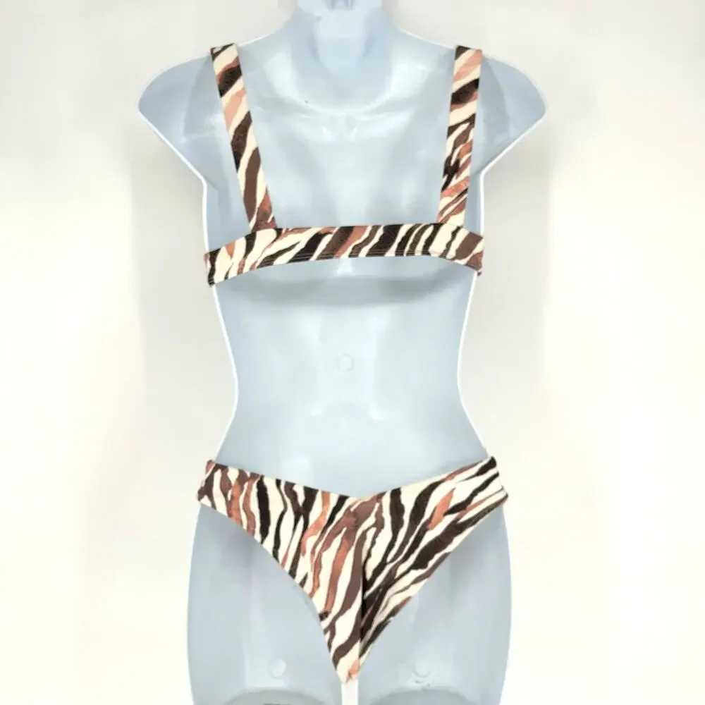 Frankies Bikinis Stormy Top M Kenza Bottom S Brown Zebra Animal Print Bikini Set